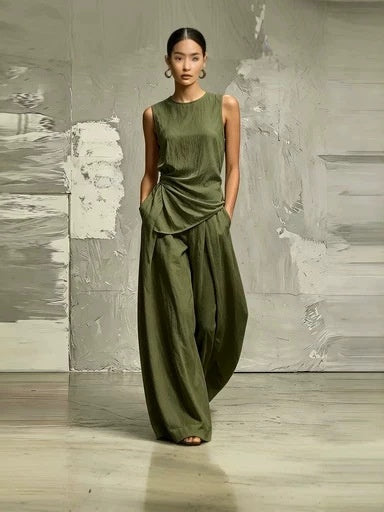 Casual Solid Color Round Neck Loose Sleeveless Top And High-waisted Trousers Two-piece Set