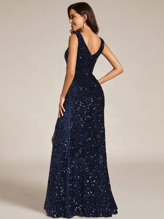 Dark Blue Sequined High Slit Maxi Dresses