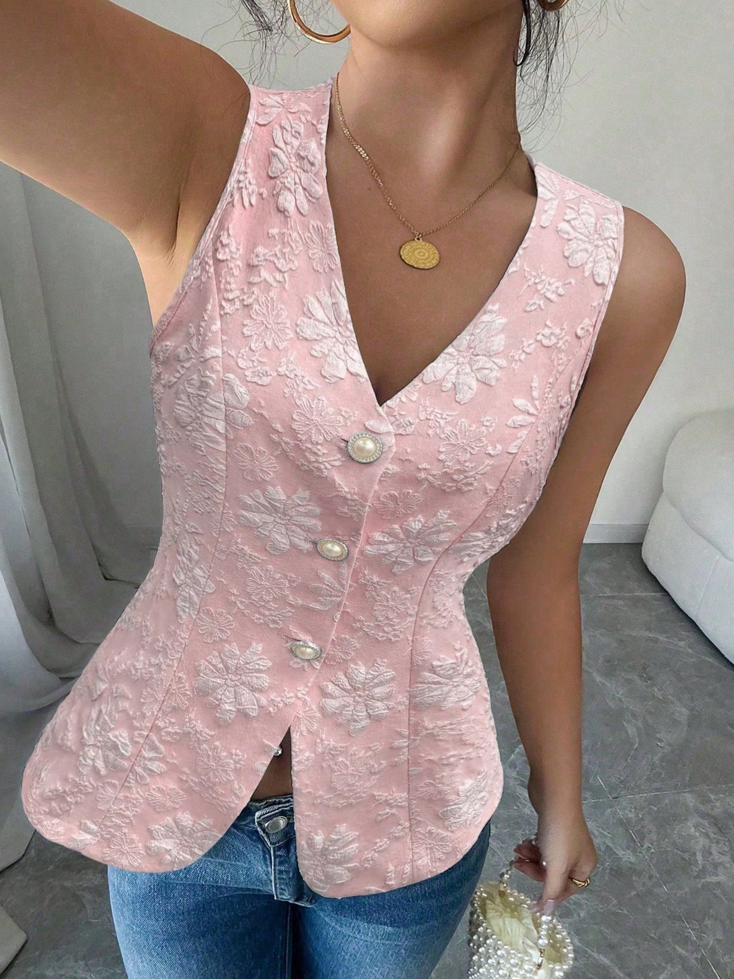 Jacquard Pearl Buttons V-neck Sleeveless Tank Tops&Camis