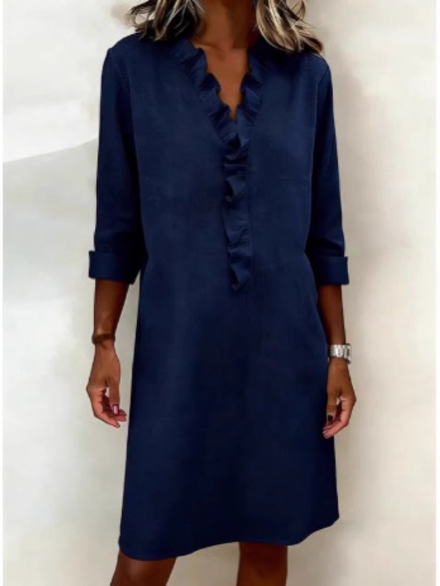Ruffled Trim Long-sleeved Cotton-linen Short Dress