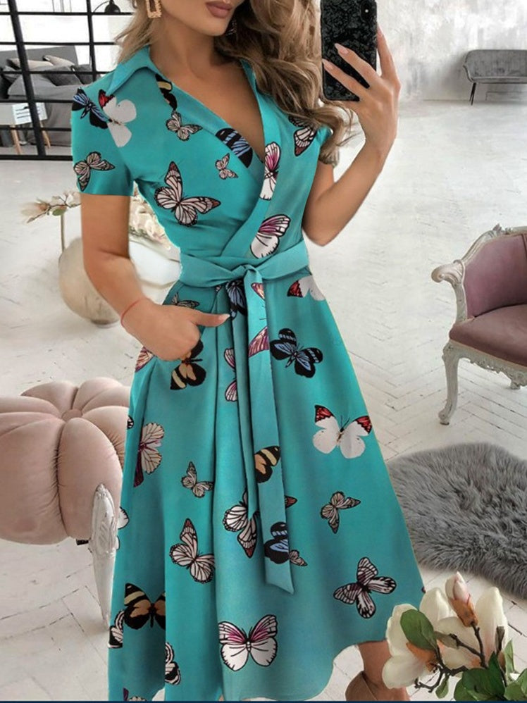 V-neck Printed Bodycon Short-sleeved Midi Dress