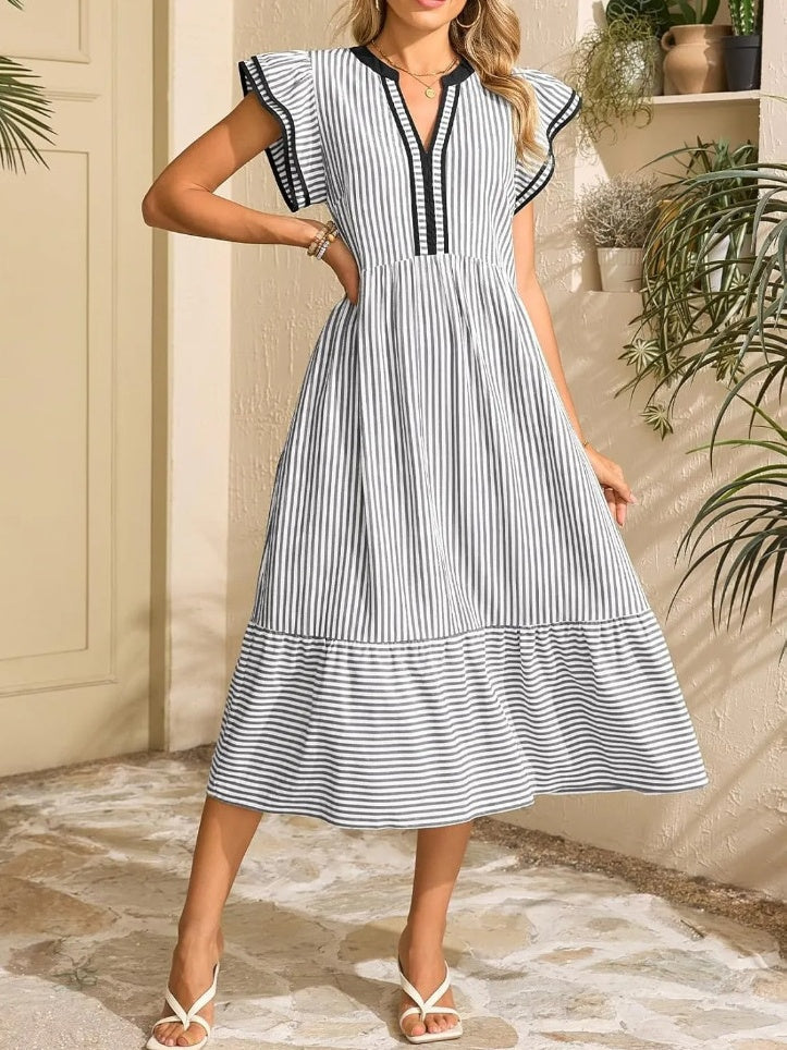 Striped Double-pleated Short-sleeved Color-blocked V-neck Midi Dress