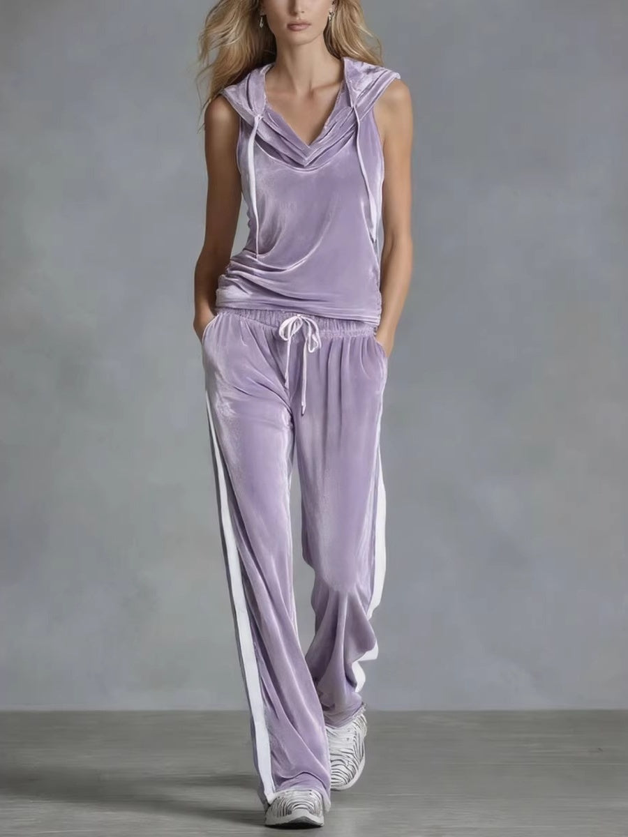 Sleeveless Sporty Casual Comfortable Hooded Velvet Two-Piece Set