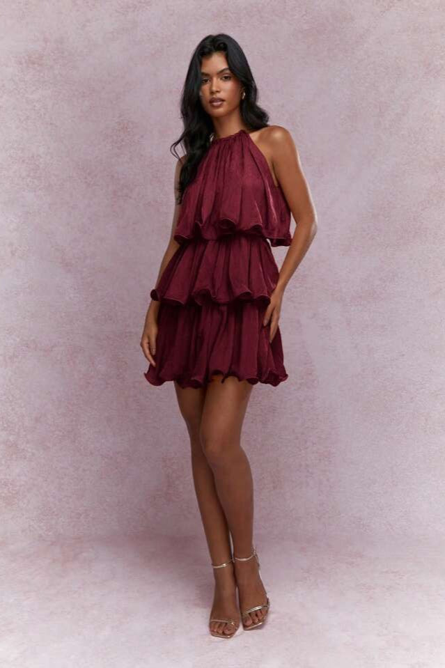 Halter Neck Tiered Ruffle Sleeveless Mini Dress