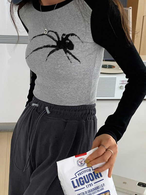 Spider Print Raglan Slim Long Sleeve Knit