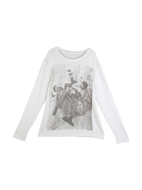 Vintage Print Ribbed Loose Long Sleeve Knit