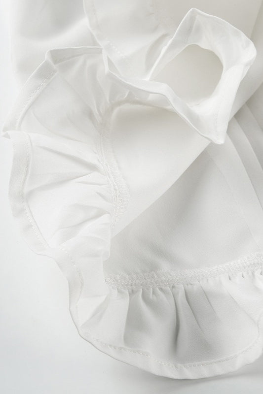 Lace Paneled Ruched Puff Sleeve Tie Blouse