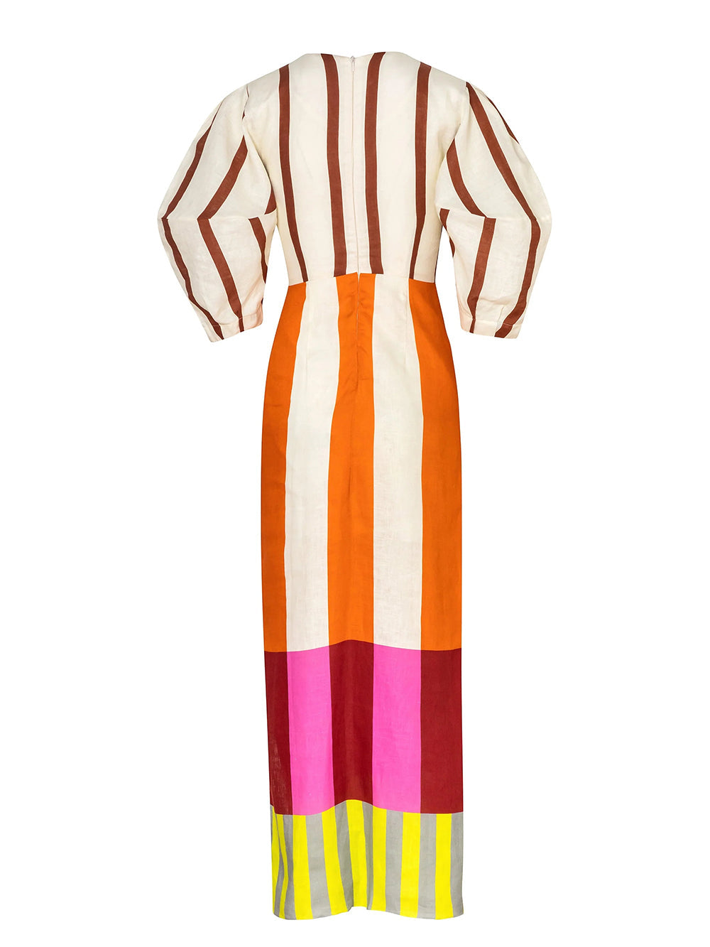 Deep V Neck Puff Sleeve Knotted Front Panel Stripe Maxi Dress