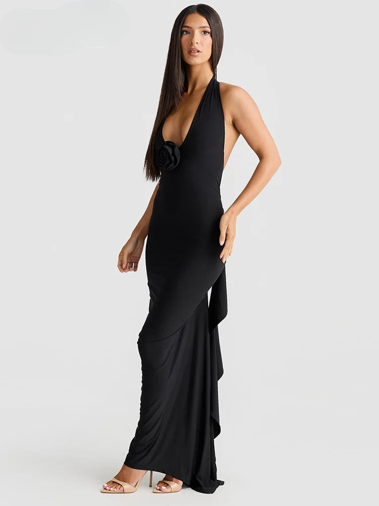 Halter Ribbon V-neck Maxi Floral Dress