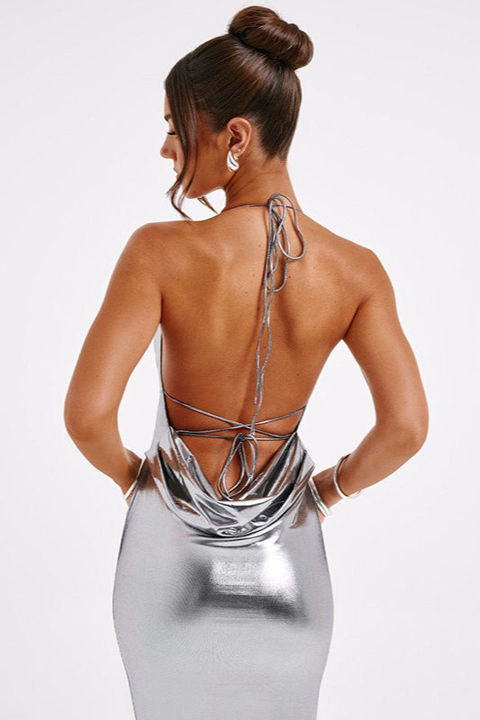 Spaghetti Strap Cowl Neck Liquid Metallic Bodycon Maxi Gown