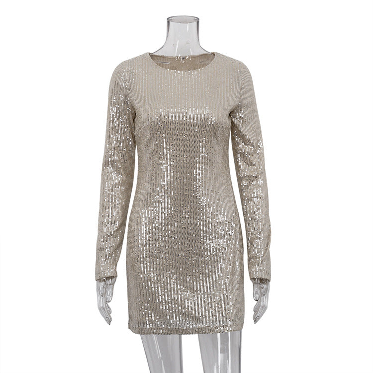 Women’s Fashion Sequin Hip Dress – Nightclub Party Long Sleeve Mini Dress