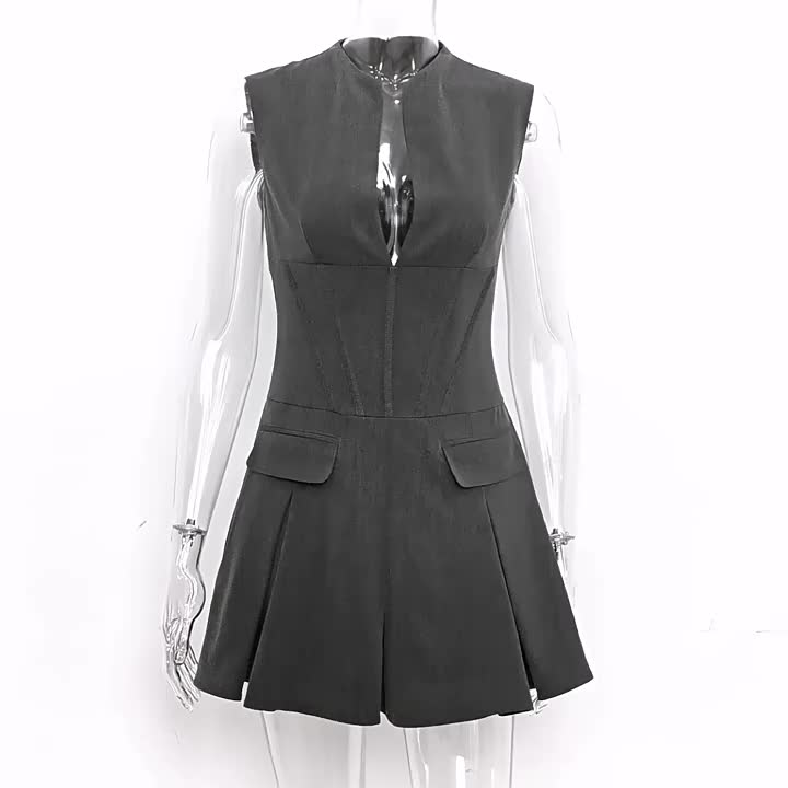 Skater Dresses Polyester Embellished Collar Lace Up Gray Chic Sleeveless Flared Dress Mini Dresses