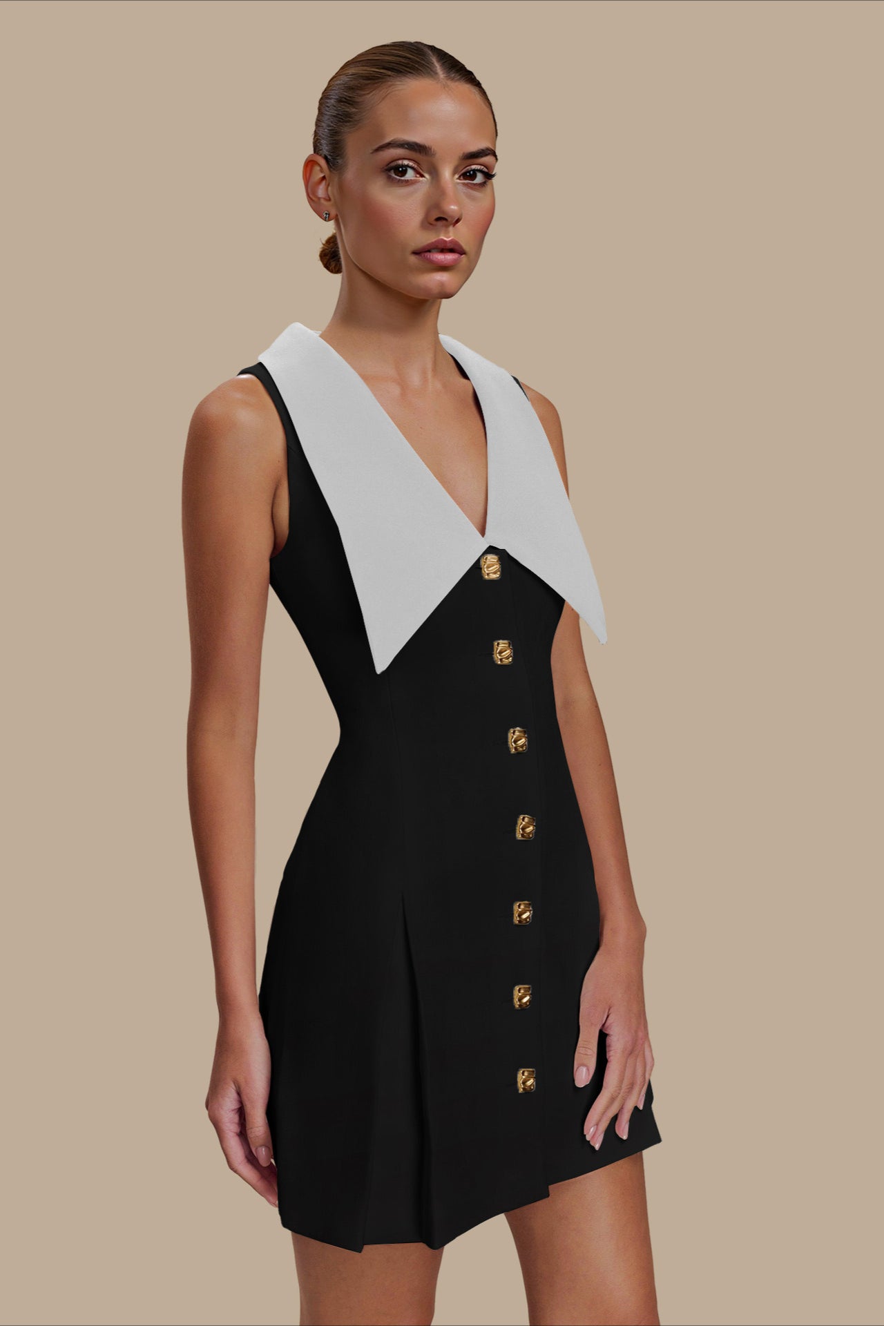 Oversized Pointed Collar Button Front Sleeveless A-Line Mini Dress