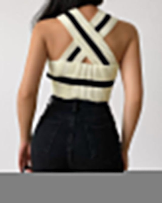Knitted Vest Striped Sleeveless V-Neck Halter Top