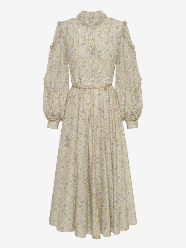 Floral Midi Dress Buttons Belted Lantern Sleeves Elegant Day Dresses