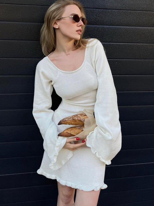 TARUXY Sexy Backless Knitted Mini Dress For Women Lace Up Long Sleeve Solid Short Dresses Hot Girls Club High Waist Dress Femme