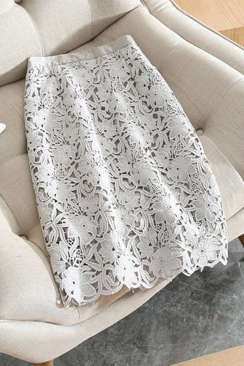Margovil High Rise Lace Hollow Out Midi Skirt