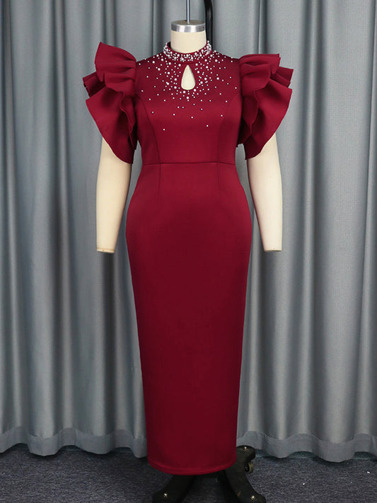 Solid Color Tied Waist Beaded High-Waisted Bodycon Midi Dresses