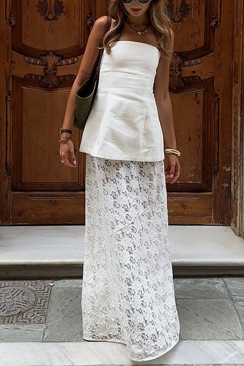 Margovil Elastic WaistBand Lace Hollow Out Maxi Skirt