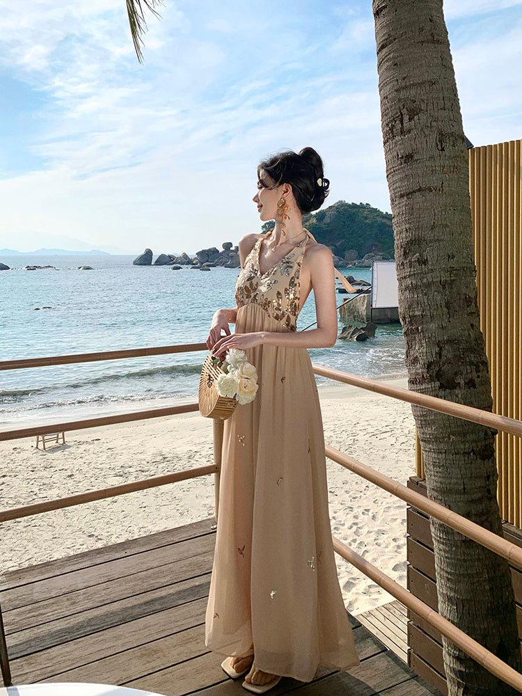 Sparkly French Halter Maxi Dress – Sexy Backless Gown for Beach Vacay