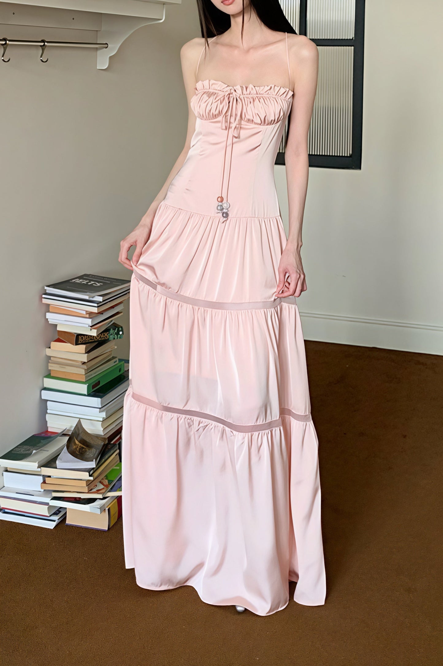 | Satin Strapless Spaghetti Strap Maxi Dress in Pink