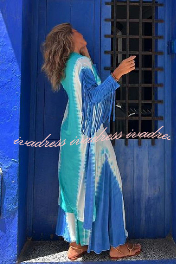 Song of The Vagabond Tie-dye Print Open Front Tassel Duster Cover-up