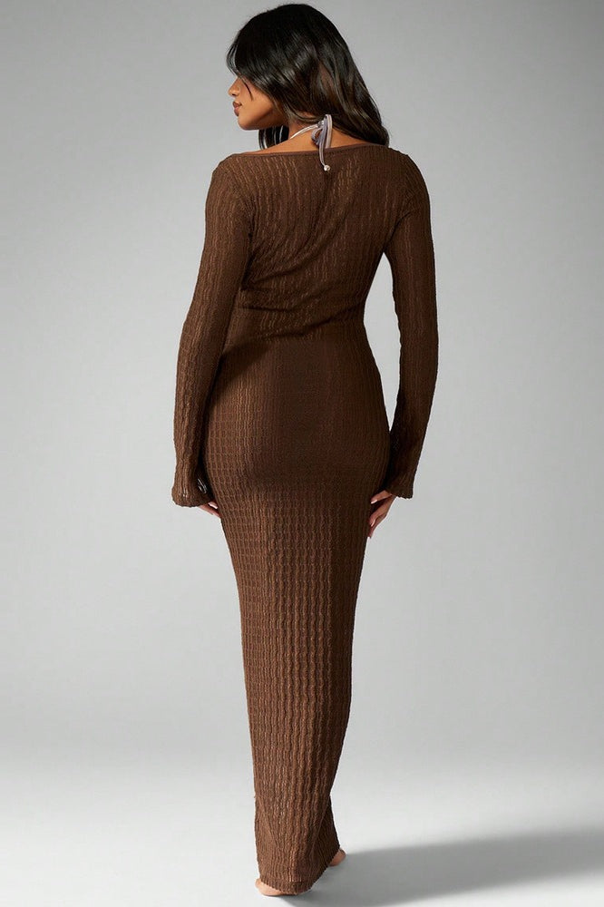 Scoop Neck Keyhole Tie Front Bell Cuff Crinkle Knit Bodycon Maxi Dress