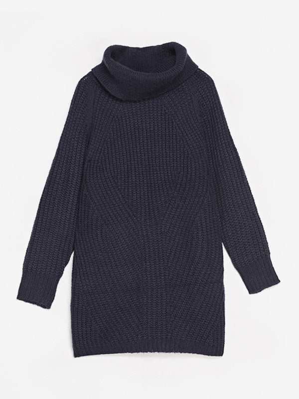 Slouchy Knitted Dress Turtleneck Long Sleeves Ribbed Cuff Mini Dresses