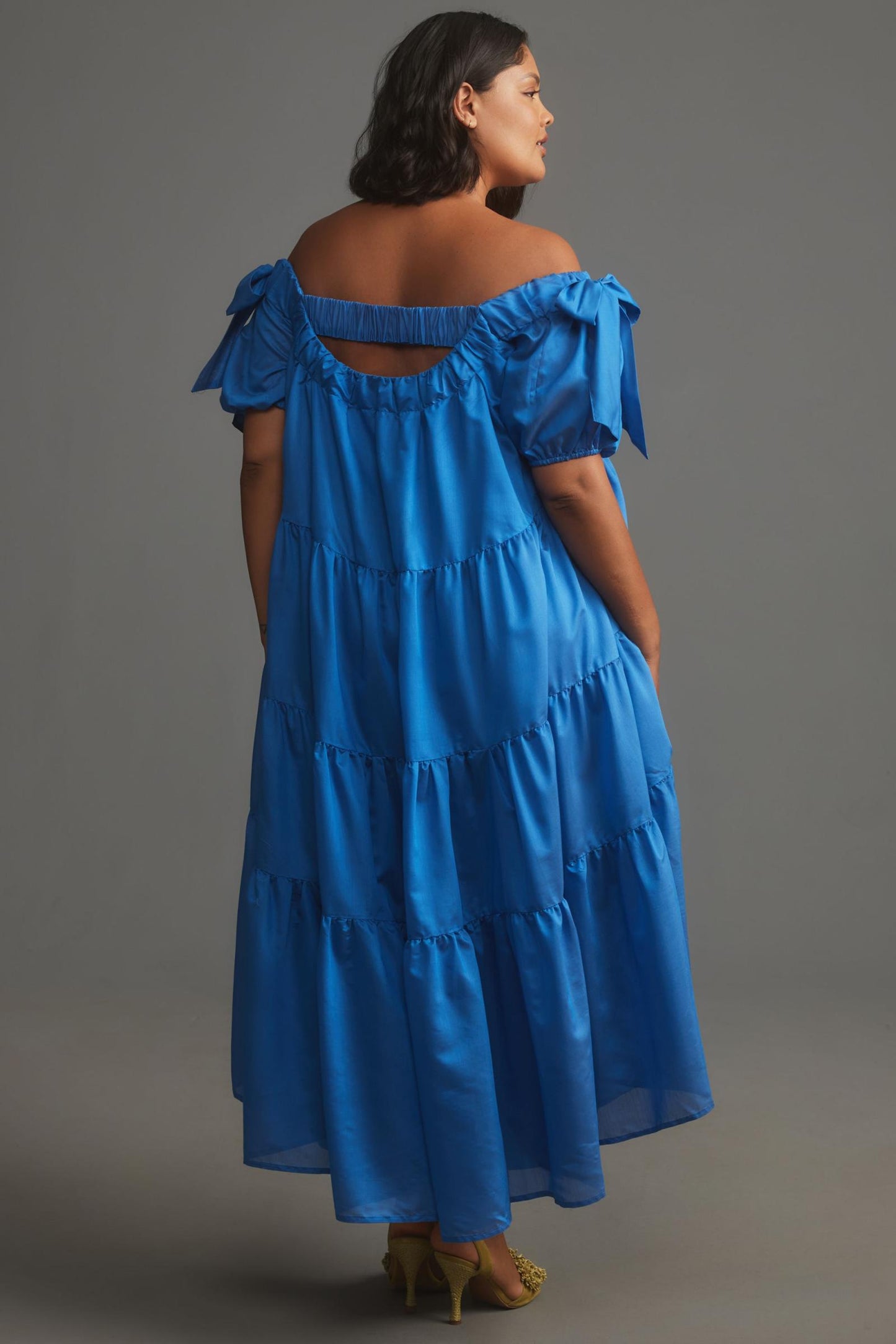 The-Shoulder Tiered High-Low Midi Dress