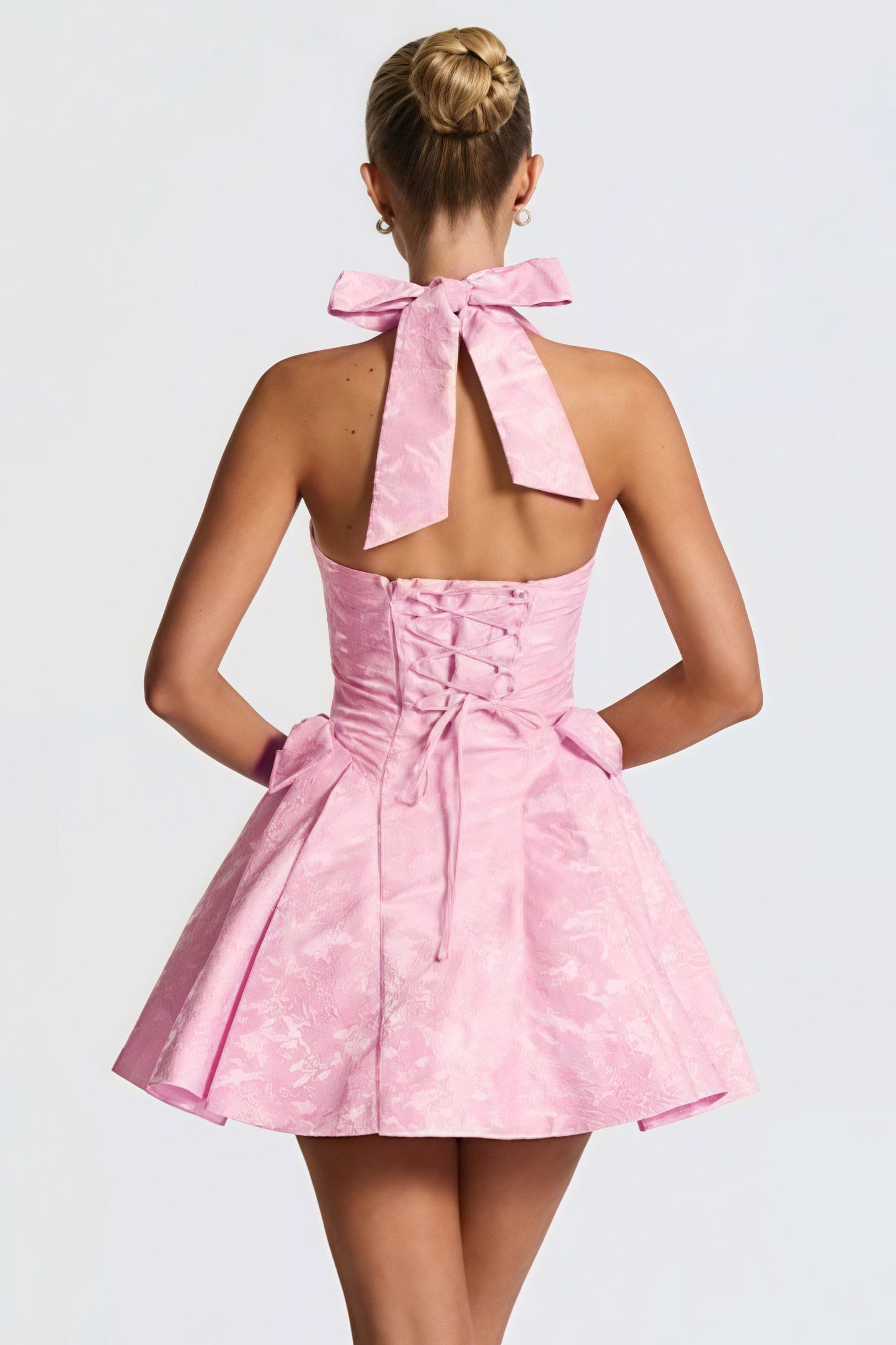Jacquard Halter Deep V Neck Bow Back Hip Bow Fit and Flare Mini Dress
