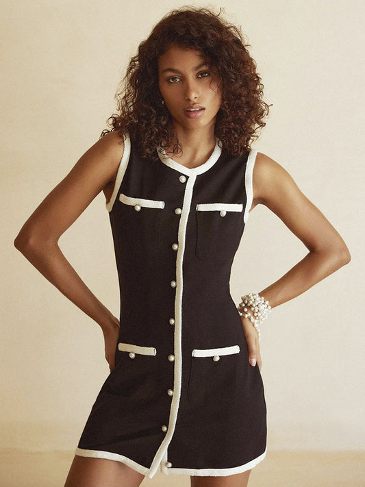 Knitted Dress Buttons Two-Tone Sleeveless Convertible Viscose Mini Dresses