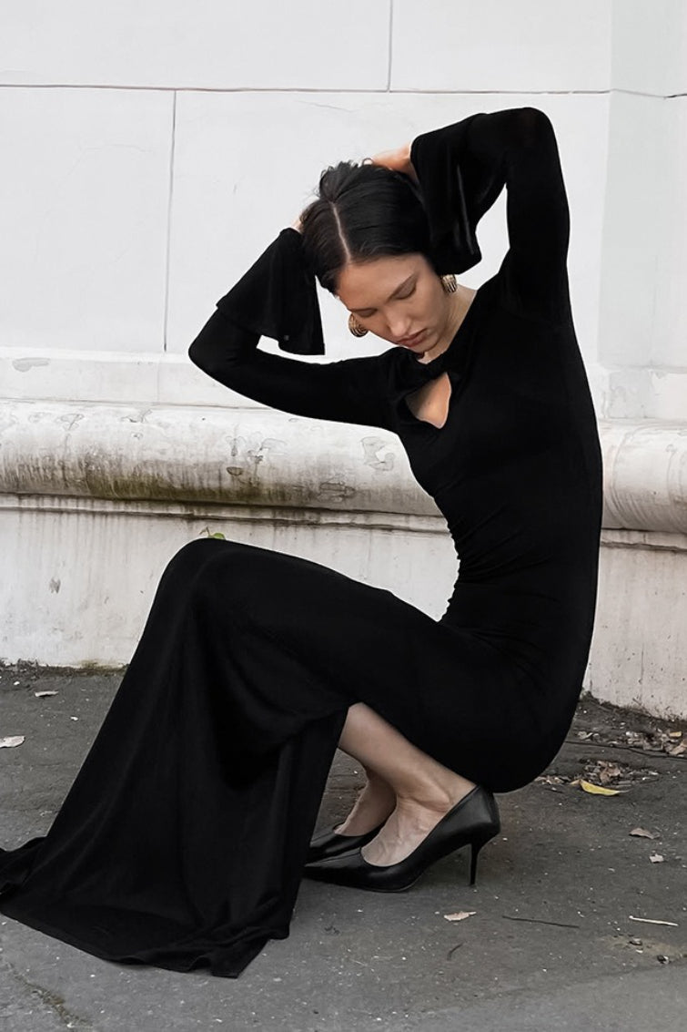 Mock Neck Keyhole Cutout Long Sleeve Flared Cuff Bodycon Maxi Dress