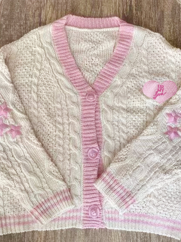 Contrast Trim Star Embroidery V Neck Cardigan
