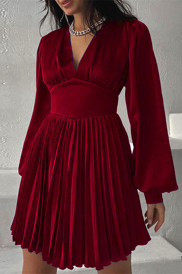 Trendy V-neck Balloon Sleeve Pleated Mini Dress