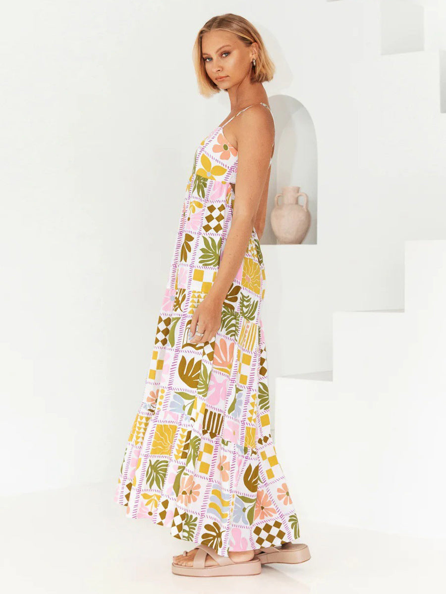 Painting Dress Square Neck Spaghetti Straps Cutout Casual Maxi Dresses