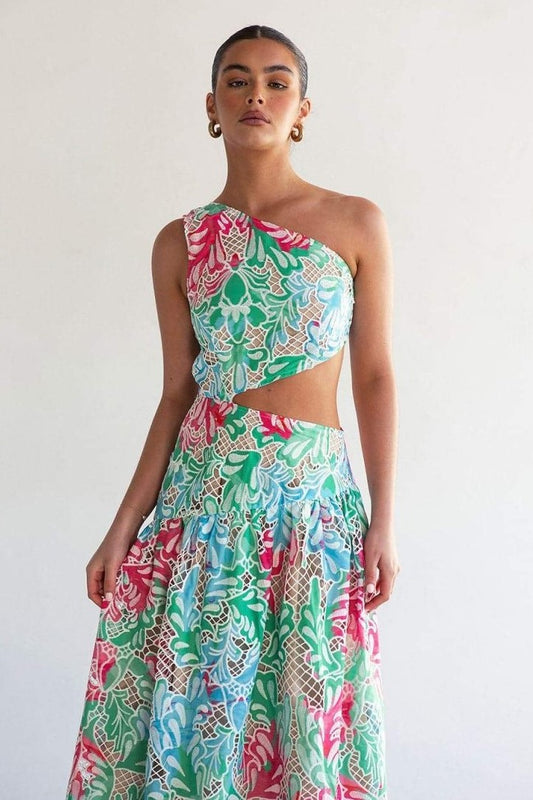 Botanical Print One Shoulder Frill Midi Dress