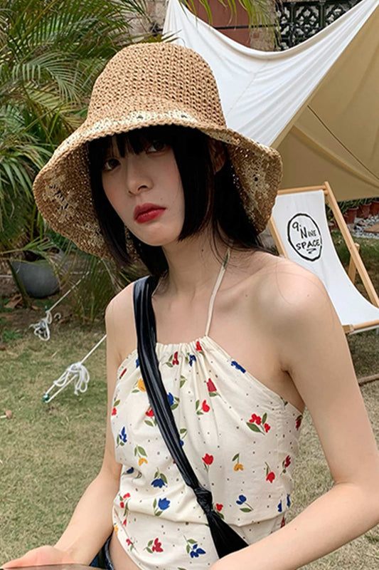 Packable Floral Weave Straw Hat