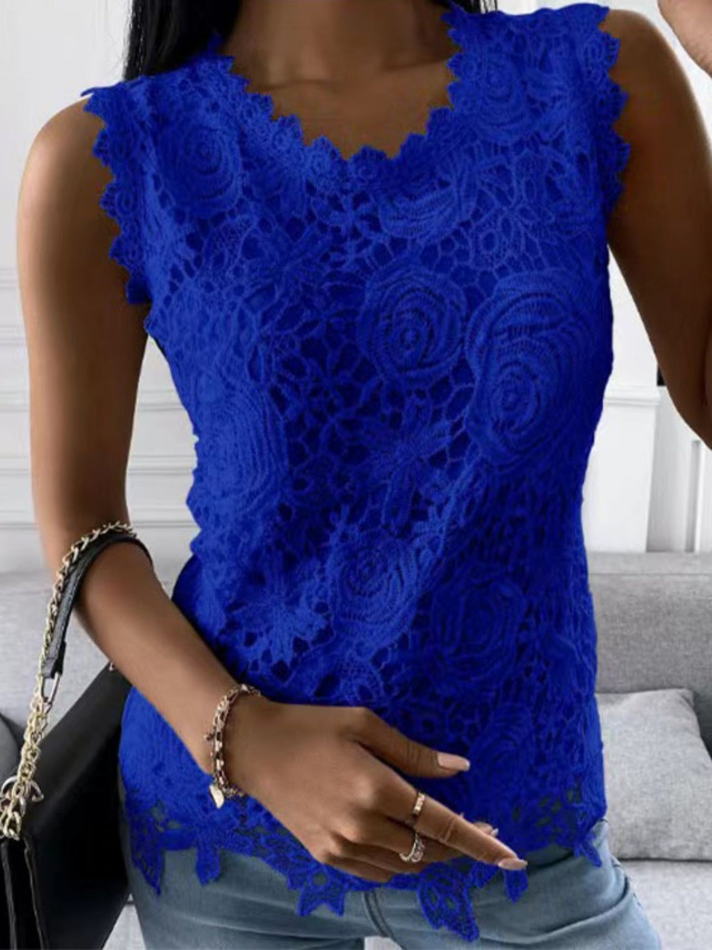 Lace Trim Crew Neck Tank Tops&Camis