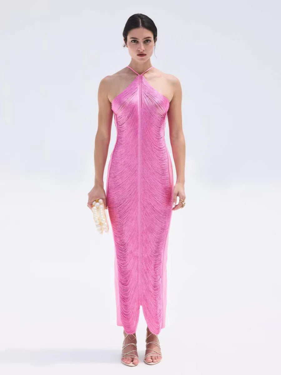 Tassel Back Slit Halter Neck Parties Maxi Dresses