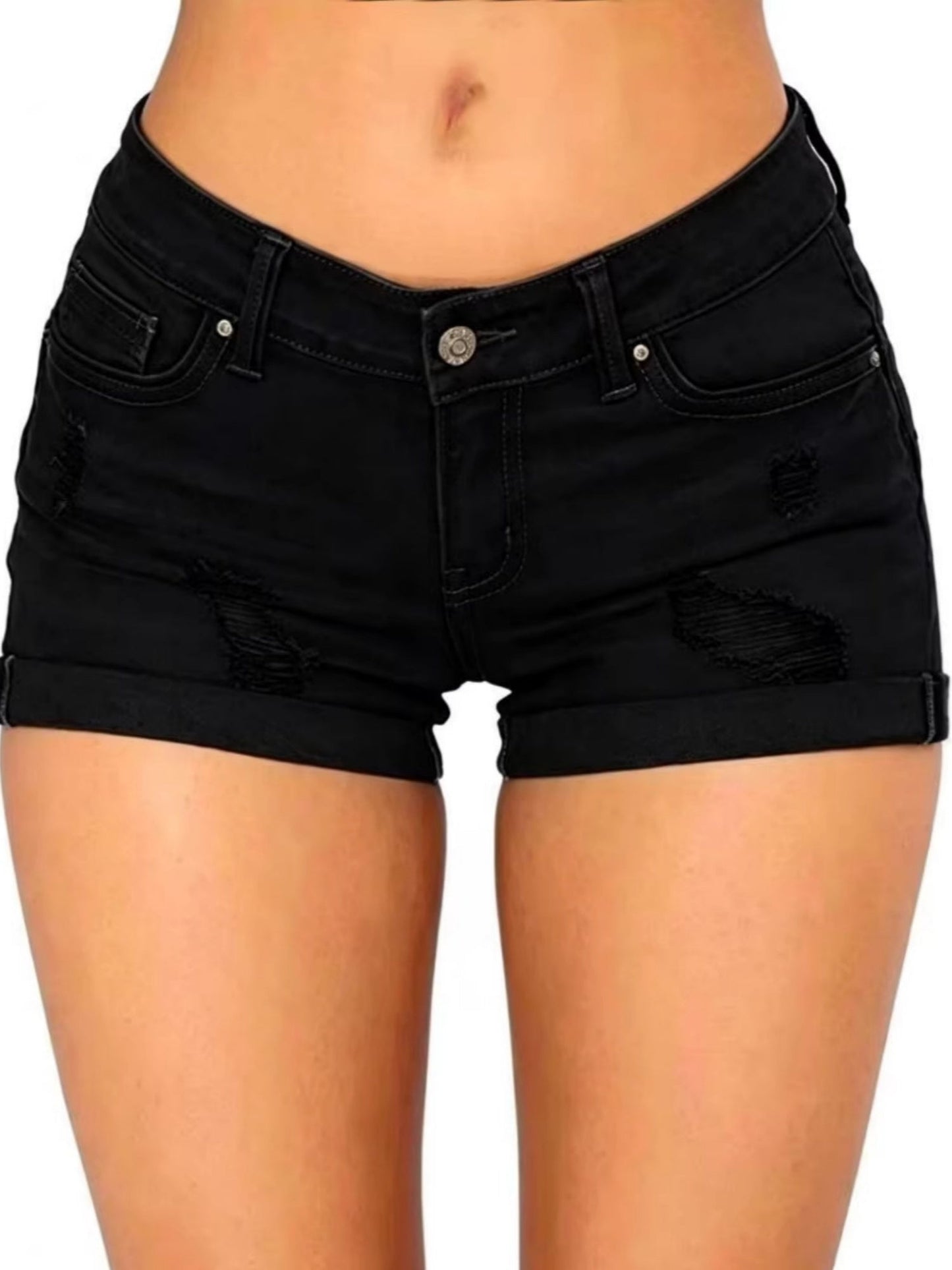 Denim Hole Flip-edge Slim-fit Shorts