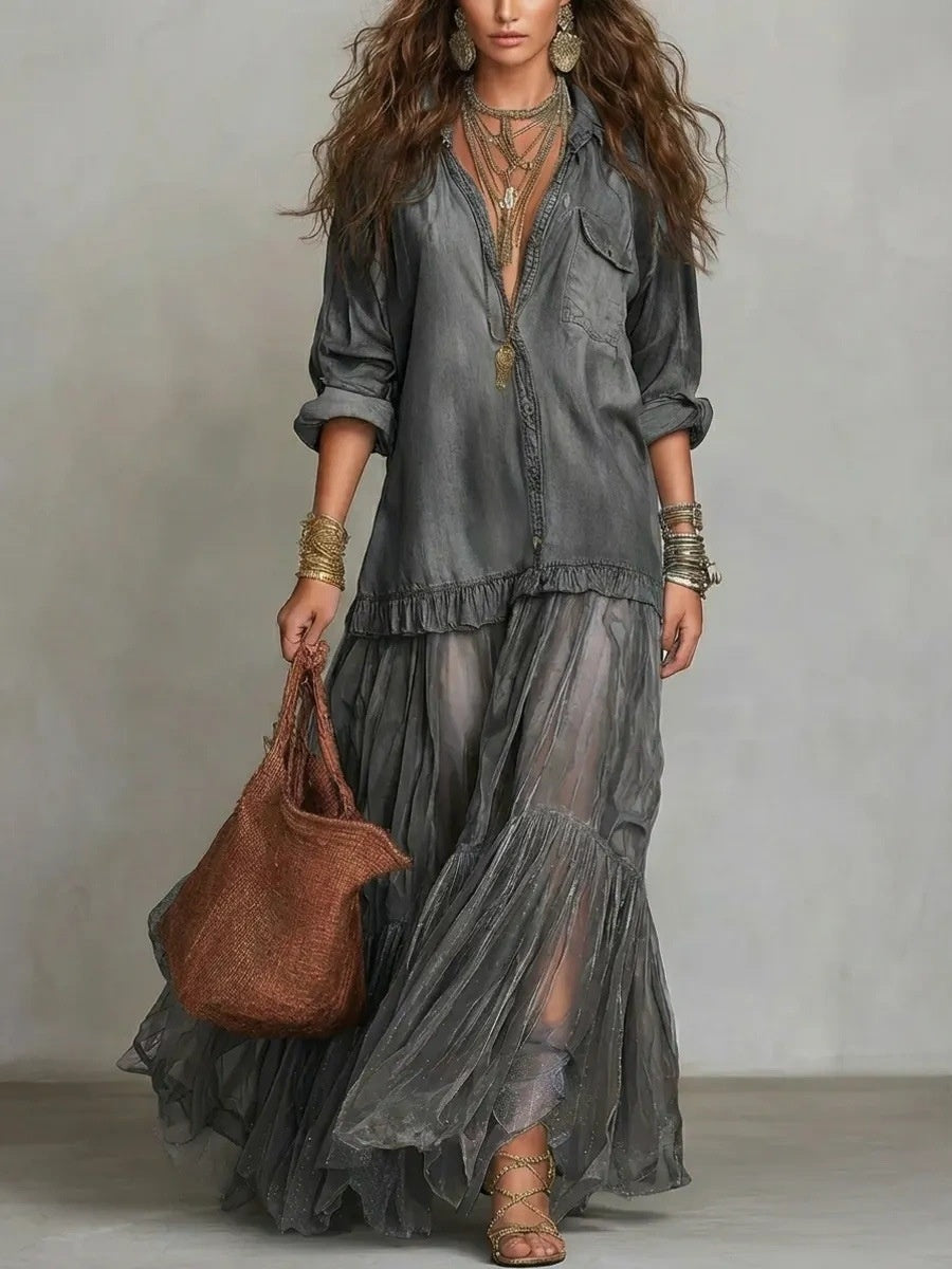 Retro-style Lapel Faux Denim Casual Long Dress With Pockets