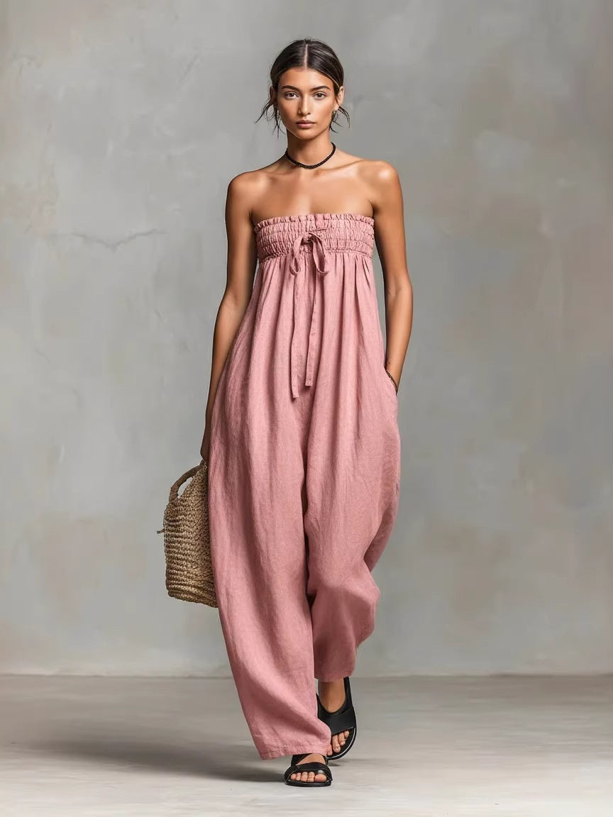 Simple Strapless Jumpsuit Made Of Cotton And Linen Blend