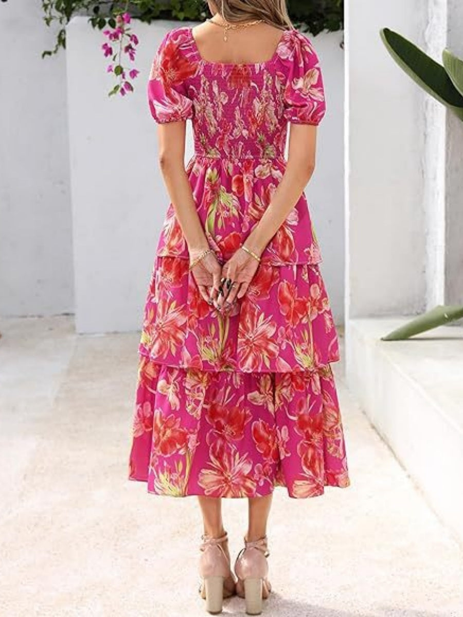 Square Neck Short-sleeved Chiffon Long Dress With A Fitted Waist And Floral Print