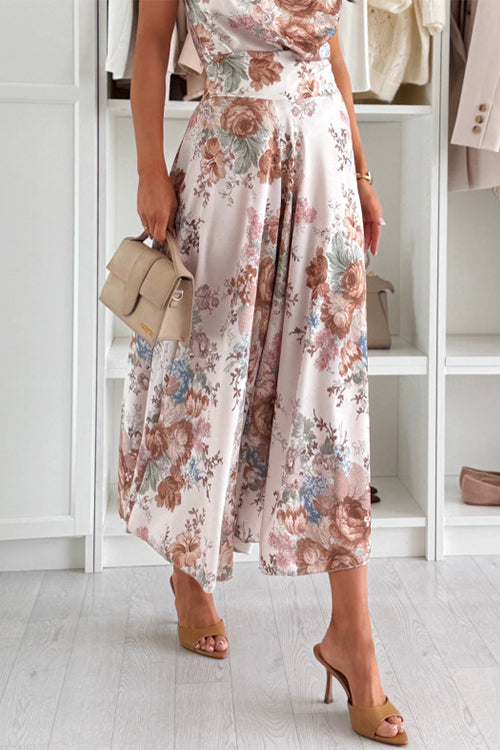 Elastic Waist Floral Print Wide Leg Cropped Pants