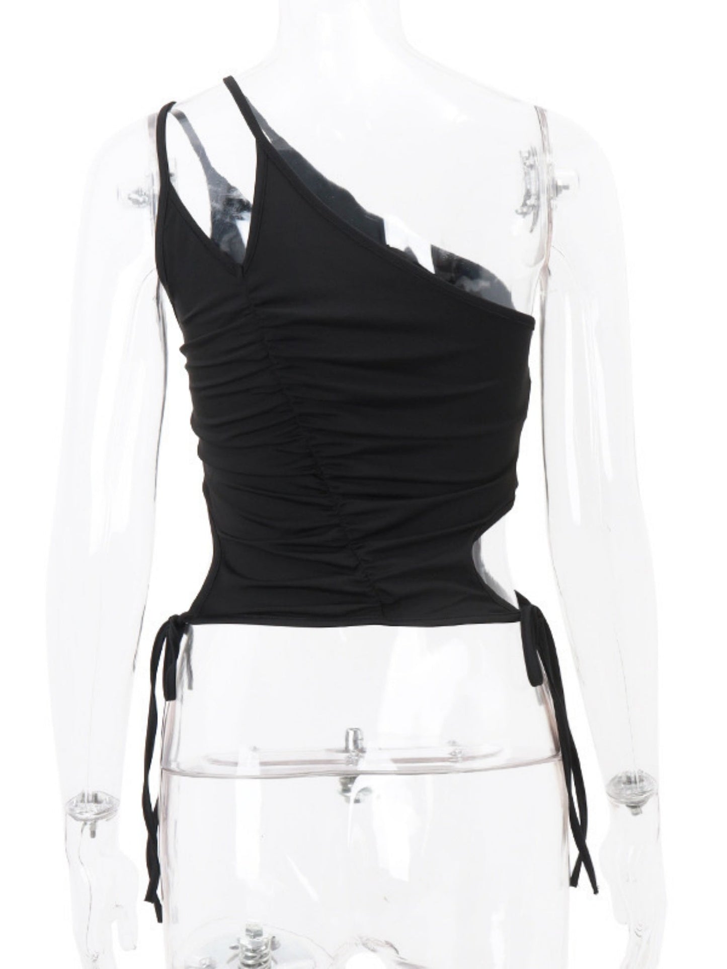 Hollow Out Metal Decoration Sloping Shoulders Backless Tank Tops