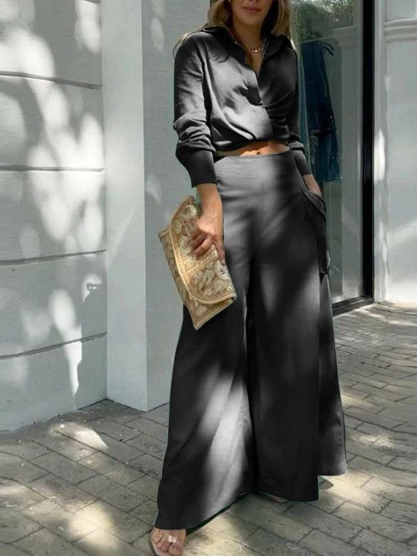 Solid Color Loose-fitting Wide-leg Pants Two-piece Set