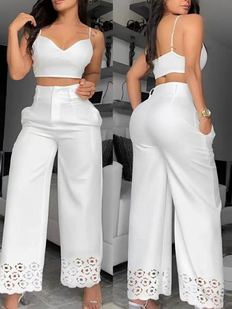 High Waist Hollow Straight-leg Pants Camisoles White Suit 2-piece Sets