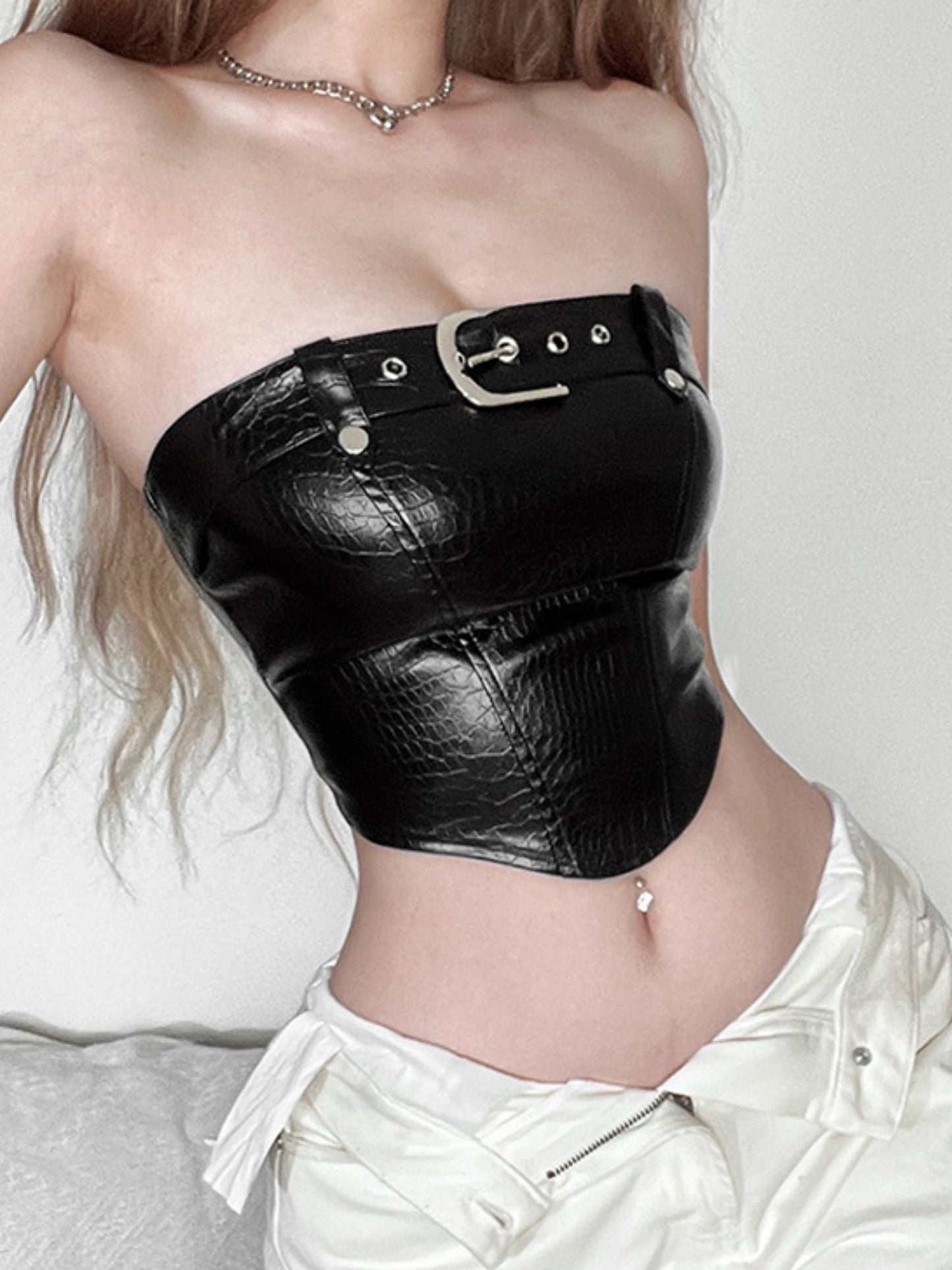 PU Leather Snake-print Leather Buckle Tube Top