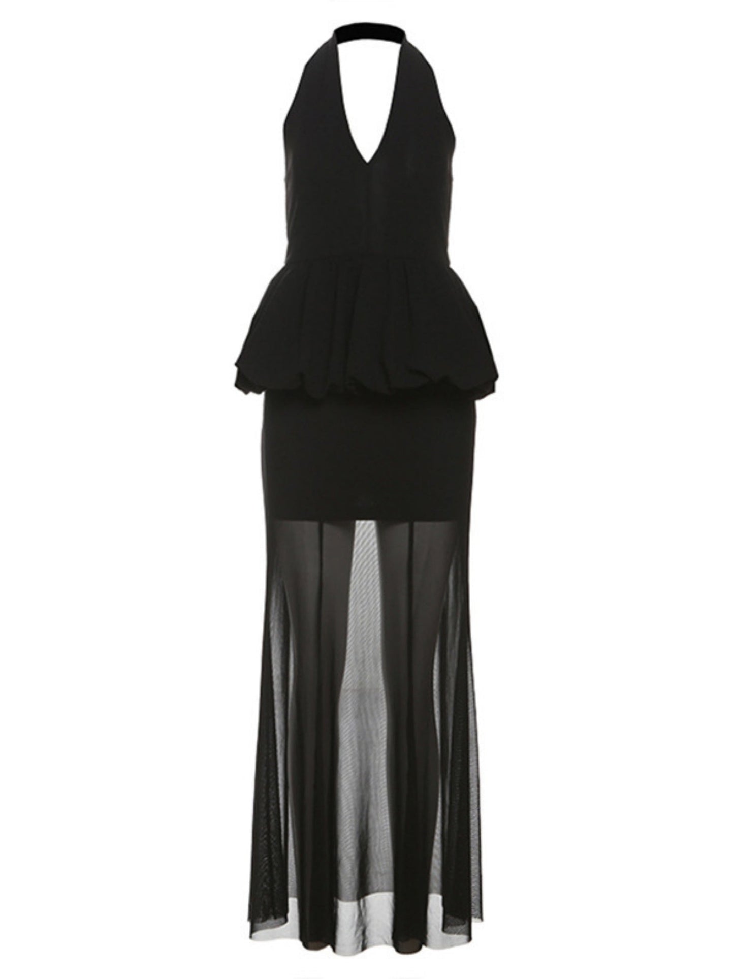 Mesh Splicing Perspective Neckband Ruffle Maxi Dresses