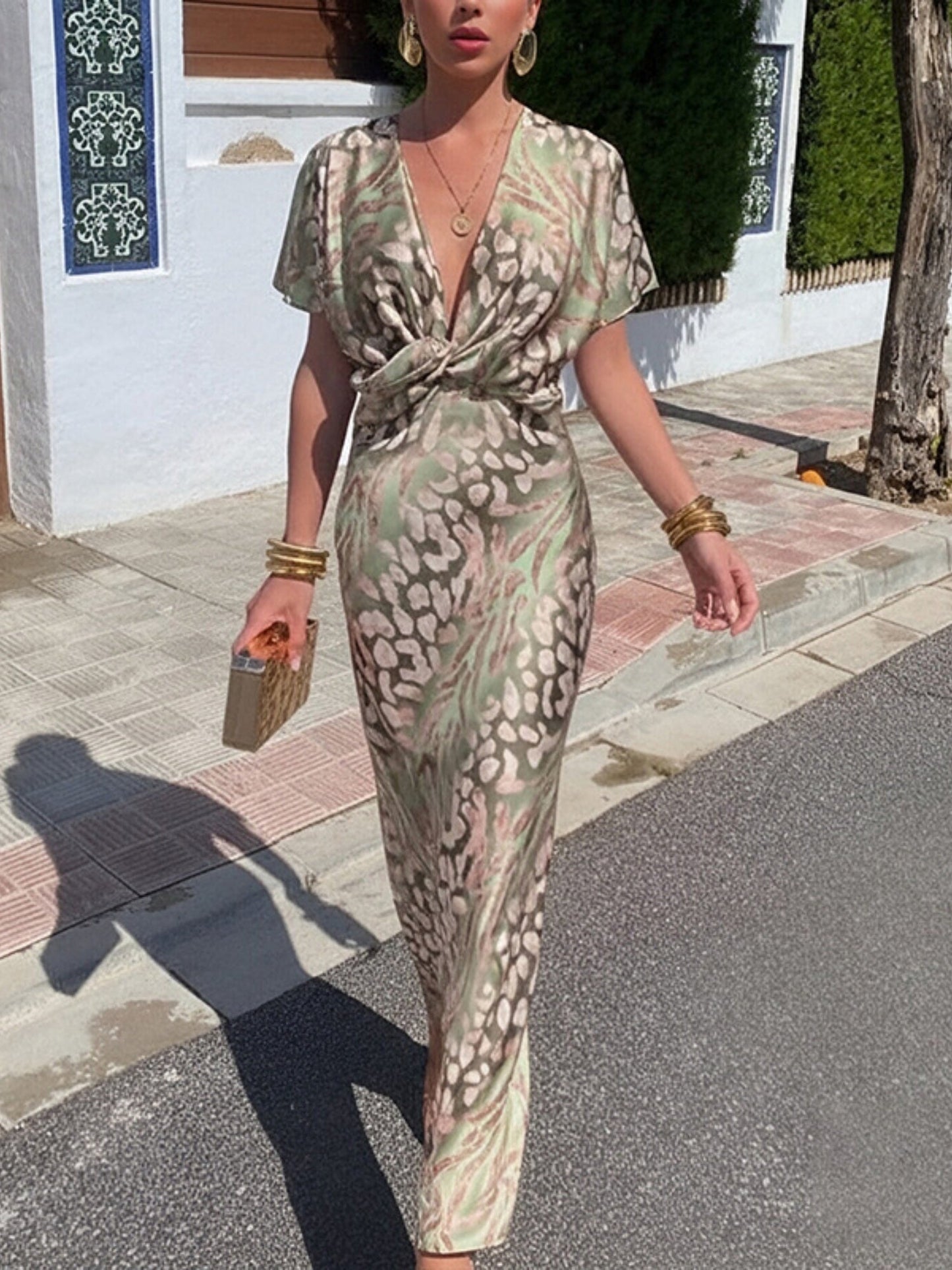 Floral Print Knot V-neck Short Sleeve Maxi Dresses